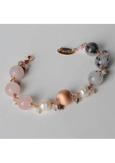 Bracciale charms, quarzo rutilato grigio, quarzo rosa,perle di fiume BR0819