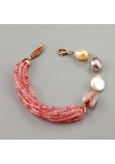 Bracciale, opale rosa, quarzo  fragola, perle coltivate BR1275
