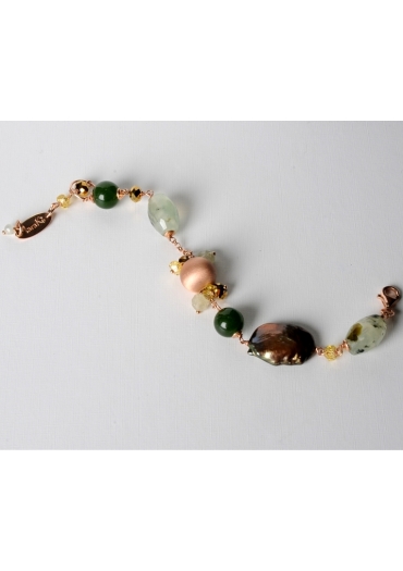 Bracciale quarzo rutilato verde, giada, perla barocca brown BR0746