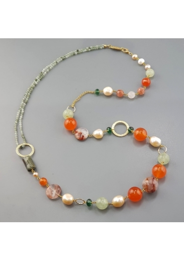 Chanel agata arancione, quarzo rutilato verde, perle coltivate, quarzo cipria cn3462