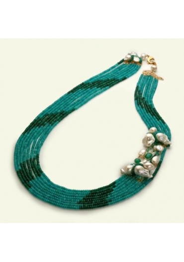 Chanel multifilo,giada crisopaz, agata verde smeraldo,perle di fiume, pz unico CN3142