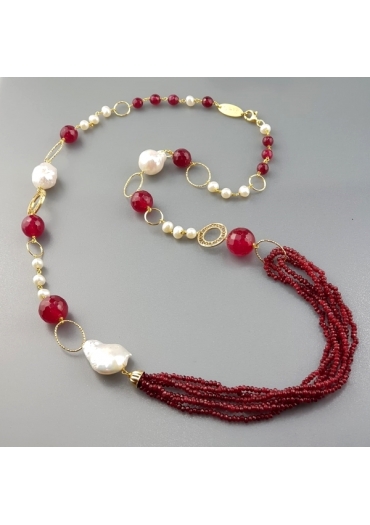 Collana, agata ruby, perle di fiume barocche CN2199