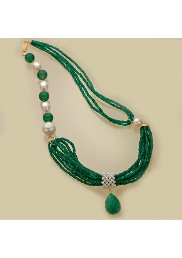 Collana agata verde smeraldo,  perle di fiume CN3074