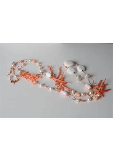 Collana, corallo rosa, conchiglia, perle di fiume CN2189