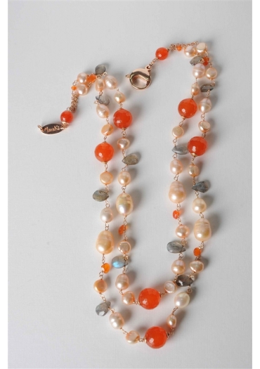 Collana, perle di fiume, agata arancione, labradorite CN2295
