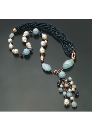 Collier agata blu zaffiro, acquamarina, perle barocche CN2749