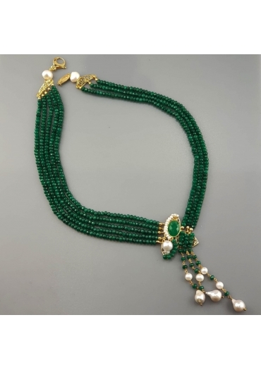 Collier agata verde smeraldo, perle coltivate, pz unico CN3192