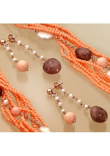 Orecchini perle di fiume, bamboo rosa, quarzo .cipria OR2057