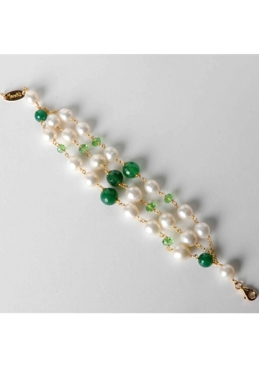 Bracciale a 3 fili, perle di fiume, agata verde smeraldo BR0724