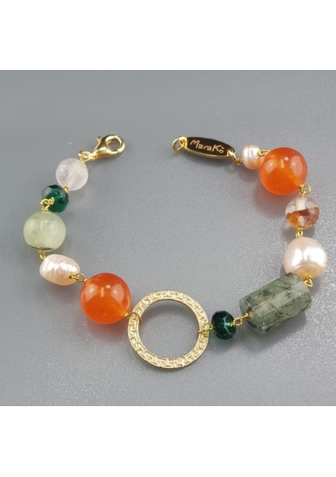 bracciale agata arancione, quarzo rutilato verde, perle coltivate, quarzo cipria br1627