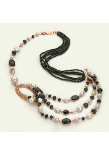 Chanel a 3 fili agata nera, perle di fiume CN3065