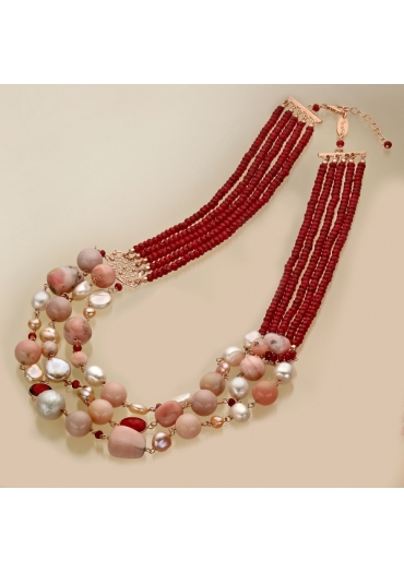 Collana agata ruby, opale rosa, perle di fiume CN3078