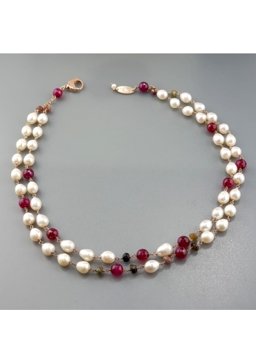 Collana, perle di fiume, agata ruby, tormaline CN2096