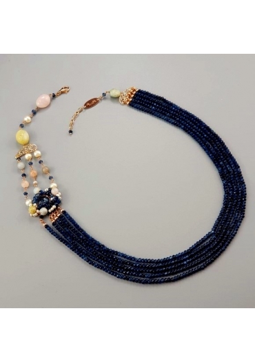 Collier agata blu zaffiro, acquamarina multicolor, perle coltivate CN3189