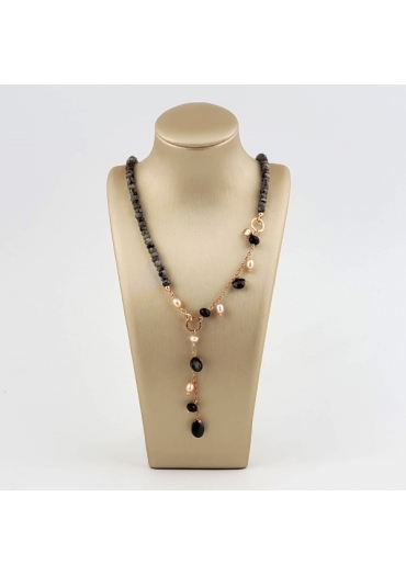 Collier Gioia, diaspro grigio,  spinello nero, perle coltivate CN3613