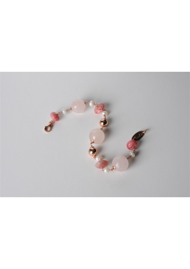 Bracciale quarzo rosa, rodonite, perle di fiume BR0776