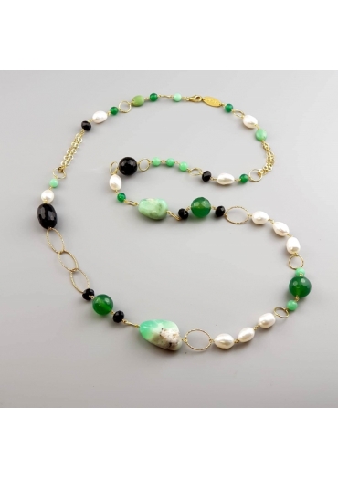 Collana, crisoprasio, agata nera, perle di fiume CN1957