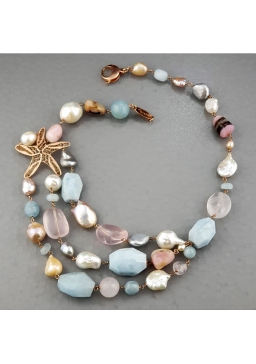 Collier acquamarina, opale e quarzo rosa, perle di fiume CN2938
