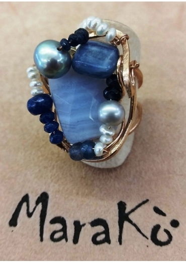 Anello calcedonio, agata zaffiro, perle di fiume AN294