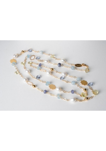 Collana, acquamarina, perle di fiume, goccine e rondelle iolite, q. citrino t.macchina CN2314