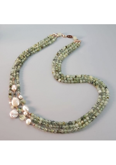 Collana Armony, sfere 6 mm  quarzo rutilato verde, perle  coltivate CN3688