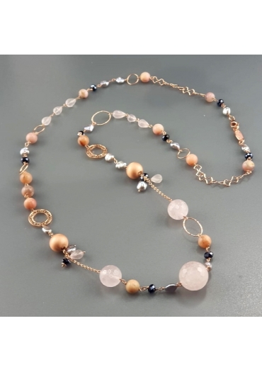 Collana, quarzo rosa, perle di fiume grigie, opale rosa CN2143