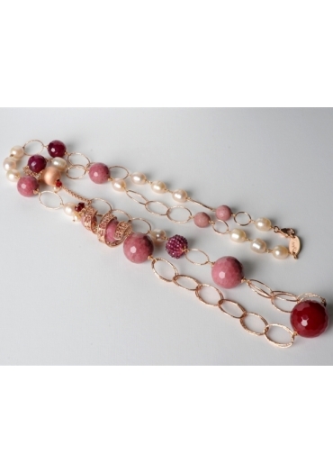 Collana rodonite, perle di fiume, spirale filigrana argento rosè CN2106