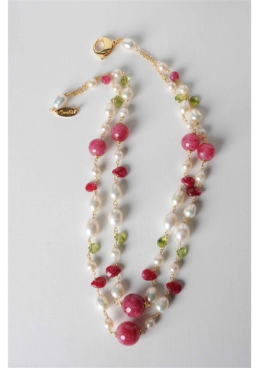 Collana, giada rosa, perle di fiume, peridot CN2296