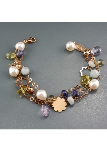 Bracciale a 3 fili, acquamarina, perle coltivate, iolite, citrino BR0930