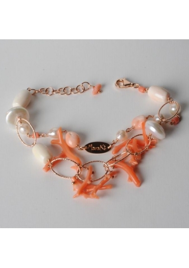 Bracciale a due fili, corallo rosa, conchiglia, perle BR0801