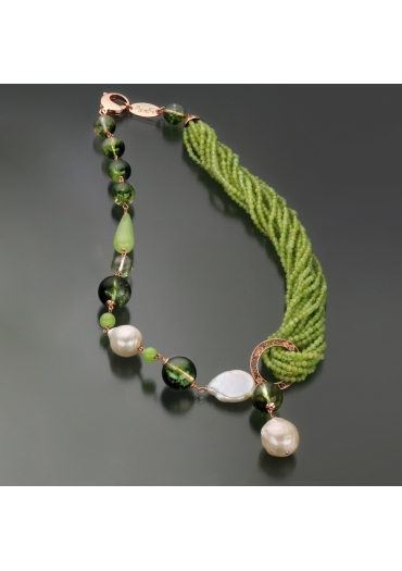 Collana Quarzo verde muschiato,perle barocche, giada olivina CN2753