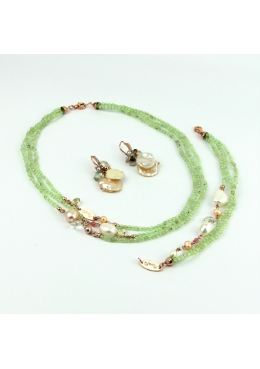 Parure Quarzo rutilato verde, perle coltivate  keshi. 44 cm P110