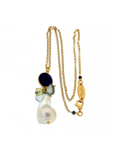 Ciondolo perla barocca, castone agata blu, peridot, iolite CX133