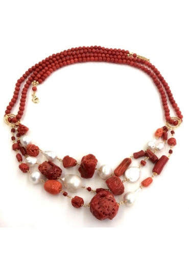 Collana a tre fili corallo rosso sardo, perle coltivate CN2934