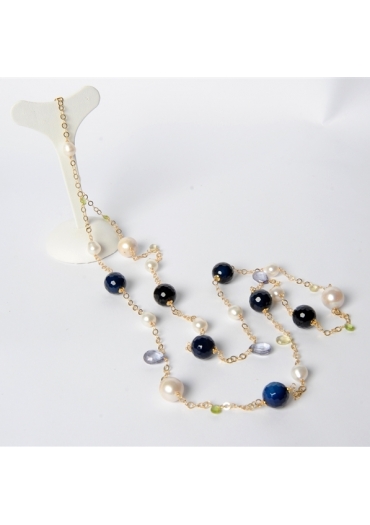Collana Agata blu, perle barocche, tagli macchina CN2362