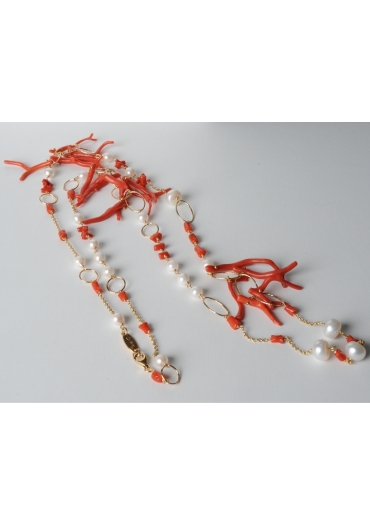 Collana, corallo rosso, perle di fiume CN1870