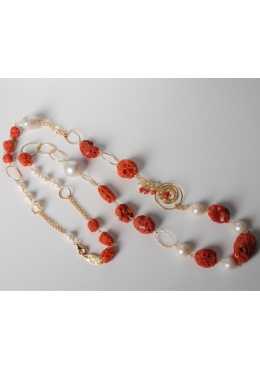 Collana corallo rosso, perle di fiume CN2323