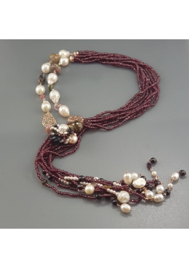 Sciarpa granato, tormaline, perle coltivate CN2532