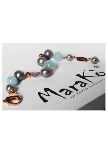 Bracciale acquamarina, perle di fiume grigie,ametista taglio macchina BR0902