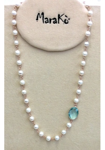 Girocollo 45 cm perle di fiume, castone quarzo celeste idrotermale – cod:CN3029