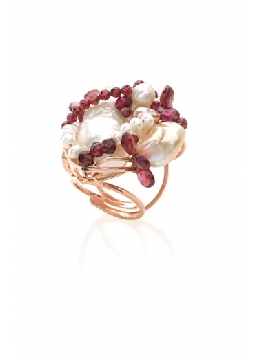 Anello perle coltivate e granato taglio diamond﻿