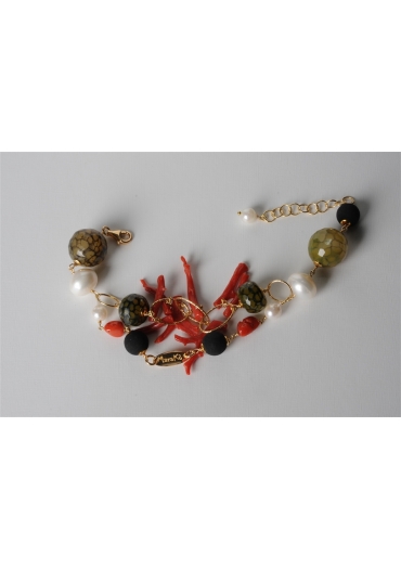 Bracciale a 2 fili, agata striata verde, lava, corallo rosso – cod:BR0698