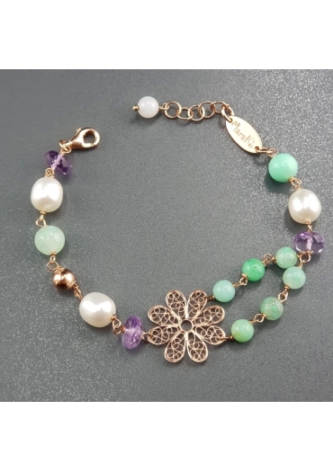 Bracciale a 2 fili, crisoprasio, ametista, perle di fiume – cod:BR0914