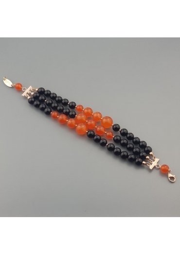 Bracciale a tre fili agata nera, agata arancione﻿