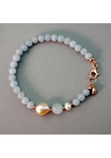 Bracciale acquamarina milk 6mm, perle coltivate