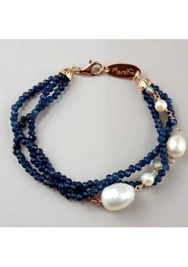 Bracciale agata blu zaffiro, perle coltivate, acquamarina﻿