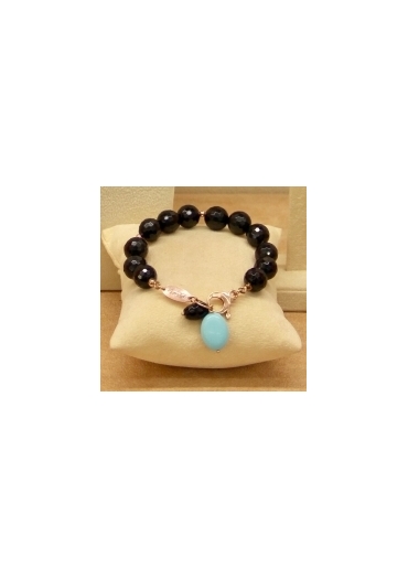 Bracciale agata nera 12 mm , Pasta turchese 4 fiori