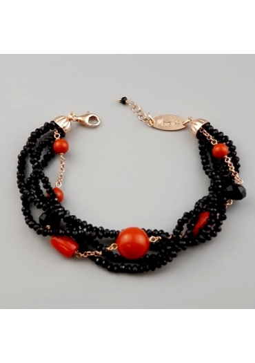 Bracciale agata nera, bamboo rosso﻿