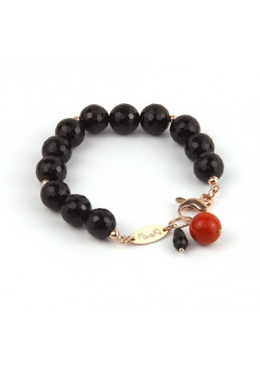 Bracciale agata nera, corallo bamboo rosso﻿
