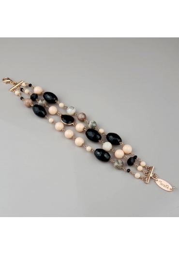 Bracciale agata nera, Diaspro grigio,Bamboo rosa﻿